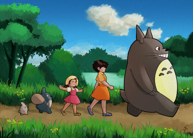 Satsuki, Mei, and the Totoros - My Neighbour Totoro